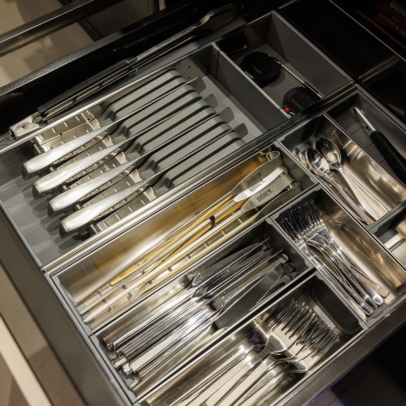 Cutlery insert for clear organization of drawers in the BBQ Kitchen outdoor kitchen